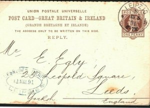 GB QV Stationery Reply Card Fine LEIPZIG Cancel 1891 Germany Leeds 40d.4