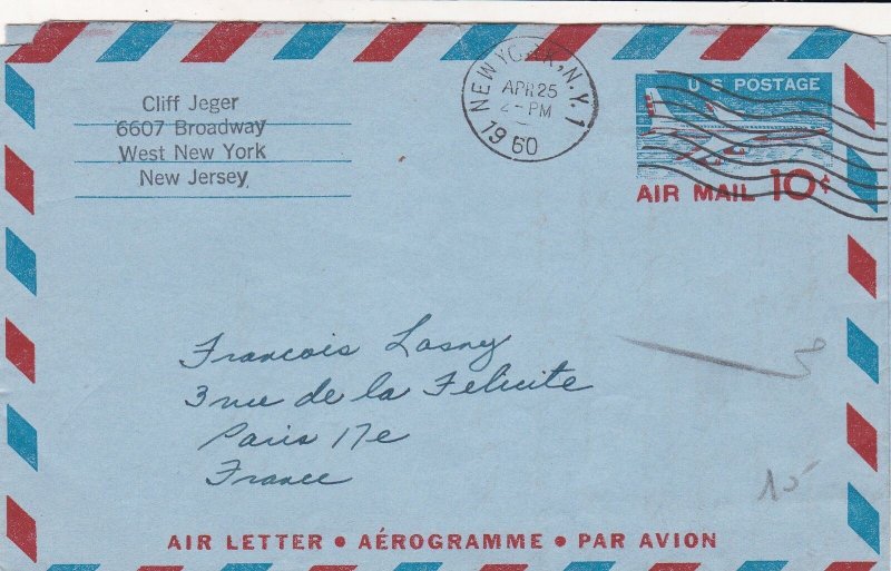 U.S. Cliff Jeger,New Jersey 1960 Aerogramme 10c Air Mail to Paris,France Rf44608 
