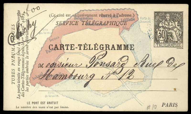 fr023 France Service Telegraphique Carte-Telegramme Paris map used