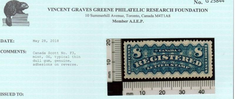 Canada #F3 Very Fine Mint Full Streaky Original Gum Hinged **With Certificate**