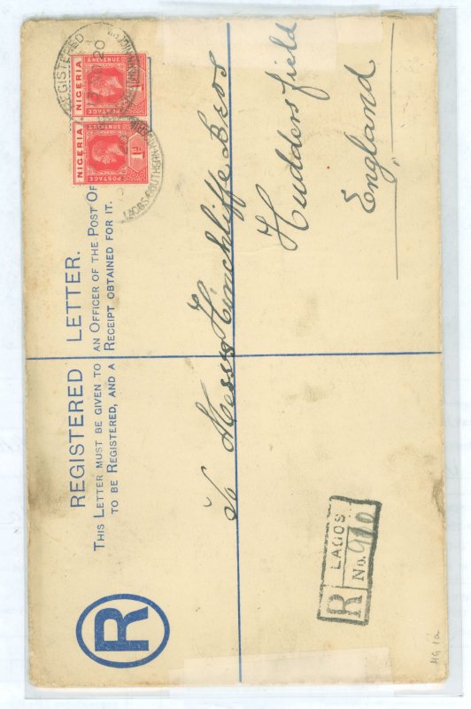 Nigeria  1920 KG V 2c reg. env, size H from Lagos Southern Nigeria , minor soiling