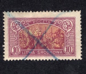 Central Lithuania 1921 10m red violet & buff Union Scott 41 Perf 13.5 Variety