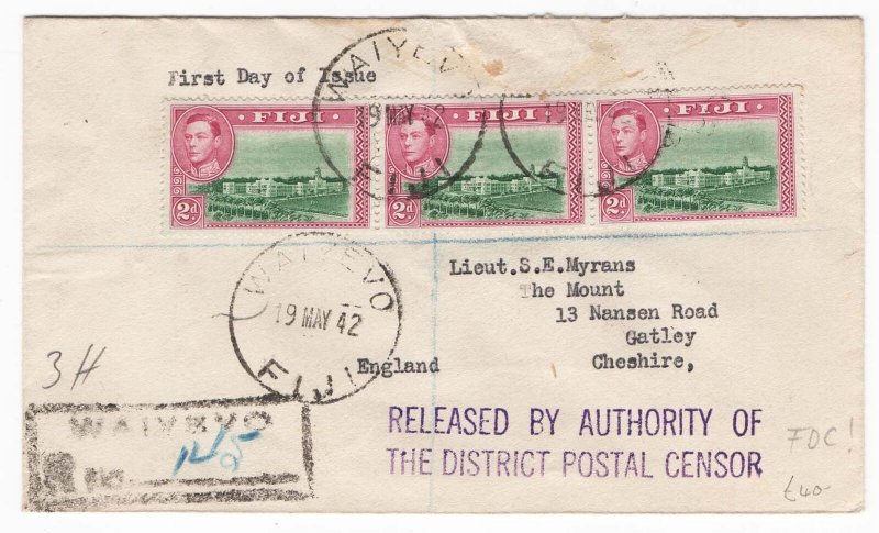 Fiji 1942 Registered cover to UK, franked strip of 3 2d sg255 First Day WAIYEV