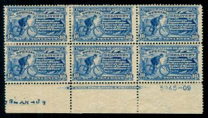 MOMEN: US STAMPS #E6a BLUE PLATE BLOCK OF 6 MINT OG H $4,250 LOT #70137