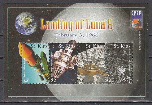 St. Kitts, Scott cat. 667 a-d. Space, Landing of Luna 9 sheet. ^