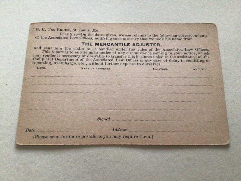 U. S. The Mercantile Adjuster St Louis  1894  postal card 67120