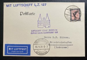 1931 Lubeck Germany Graf Zeppelin LZ 127 Postcard Cover to Friedrichshafen