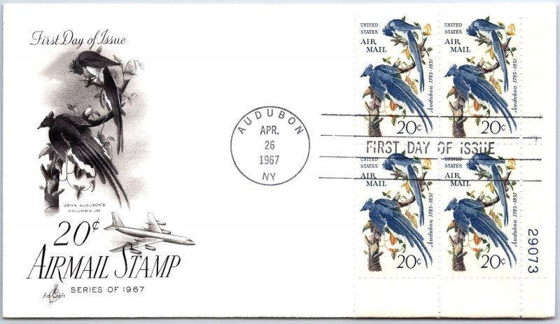 US FIRST DAY COVER 20c AIRMAIL SERIES OF 1967 AT AUDBON NY ARTCRAFT PLATE BLOCK