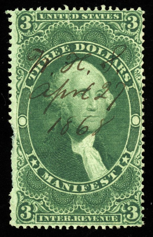 B543 U.S. Revenue Scott R86c $3 Manifest, 1868 manuscript cancel, CV = $55