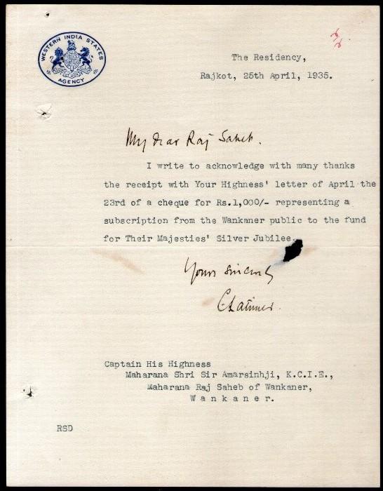 India Western India States Agency Crested Letter Signed by Raja Amar Sinhji o...