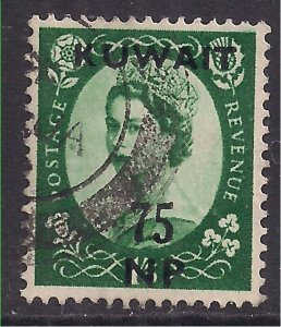 Kuwait 1957 - 58 QE2 75np Ovpt on 1/-3d GB Wilding used SG 130 ( E126 )