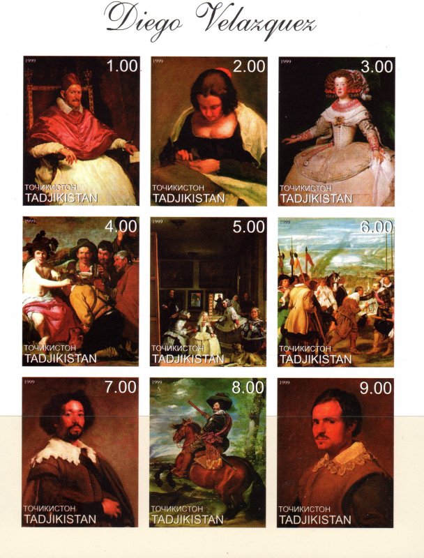 Tajikistan 1999 DIEGO VELAZQUEZ FAMOUS PAINTINGS Sheetlet (9) IMPERFORATED MNH