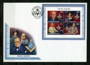 NIGER 2018 FREE MASONS AMUNDSEN, OSCAR WILDE, MARK TWAIN  & TRUMAN SHEET FDC