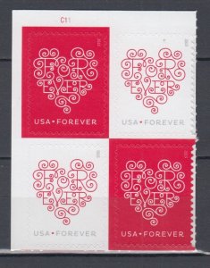 ​USA Sc#4956a Love-Red & White Hearts forever block of 4  MNH
