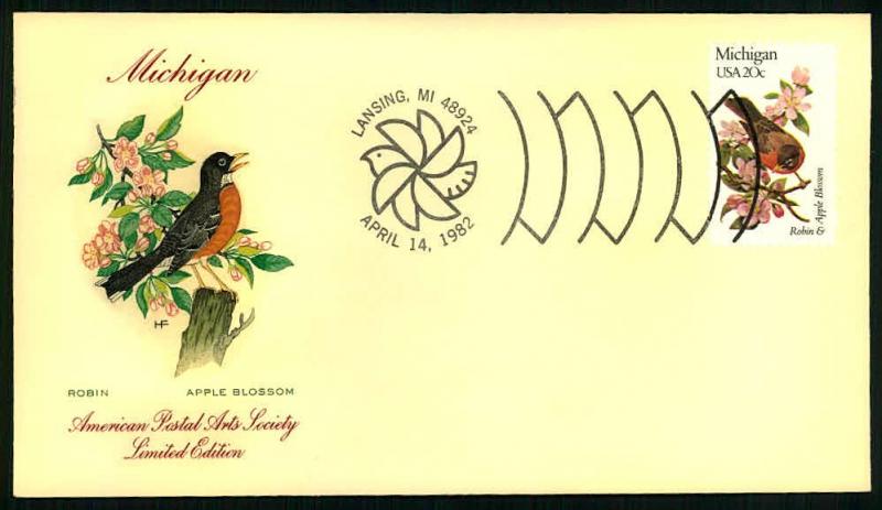 #1974 MICHIGAN - BIRDS & FLOWERS - AMERICAN POSTAL ARTS SOCIETY CACHET