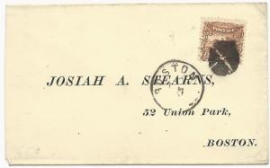 US Scott #113 Tied to Cover Boston, Mass April 17 Drop Letter