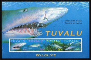 Tuvalu 816 ad strip,816a sheet, MNH. Mi 862-865, klb. WWF 2000, Sand Tiger Shark