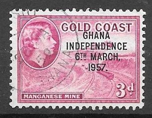 Ghana 1957 Queen Elizabeth, independence overprint, 3p, used, Scott #8