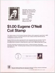 USPS SOUVENIR PAGE $1.00 EUGENE O'NEILL COIL STAMP 1973