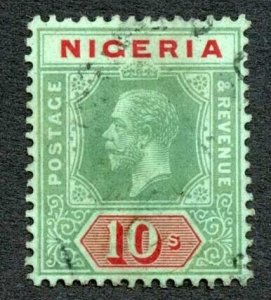 Nigeria SG11a 10/- with Blue green Back Fine used  Cat 100 pounds