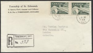 1963 Registered Cover Tobermory (Bruce) ONT to London Ont 2 x #362 20c Paper