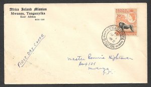 KUT TANGANYIKA 1954 QE2 20c Lion FDC Cover Missionary CC MOSHI Sc 107