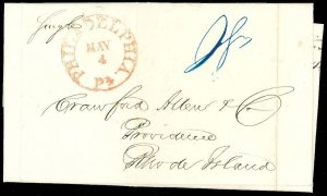 1843, RED MAY 4 PHILADELPHIA Pa. CDS on FSL to CRAWFORD ALLEN & CO, Providence!