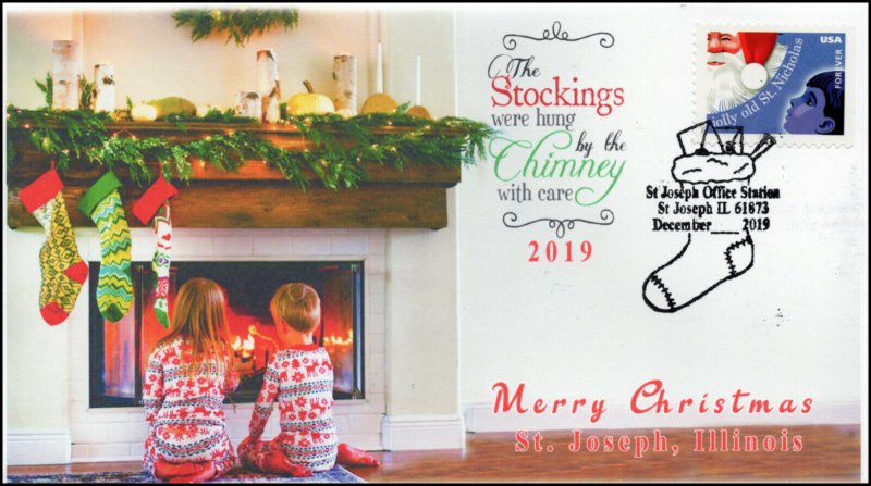 19-310, 2019, Christmas, Pictorial Postmark, Event Cover, St Joseph IL, Stocking