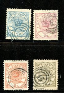 Denmark #11-13, 15 (D261) Royal Emblems 1864-8, Perf 14, U, F-VF, CV$293.00