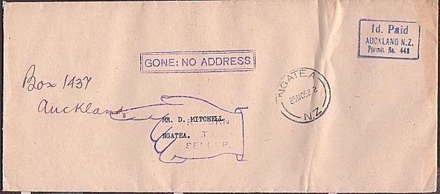 NEW ZEALAND 1952 cover to Ngatea : GONE NO ADDRESS.