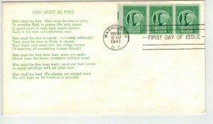 WW2 Patriotic FDC 908 FOUR FREEDOMS Unlisted MEN MUST BE FREE Text Poem