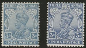 INDIA Scott 113-114 MH* 1922-30 KGV  3a ultra and blue