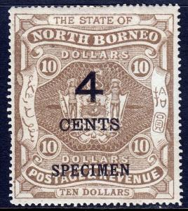 NORTH BORNEO — SCOTT 102s (SG 124s) — 1899 4¢ ON $10 SPECIMEN — MH — SG £60