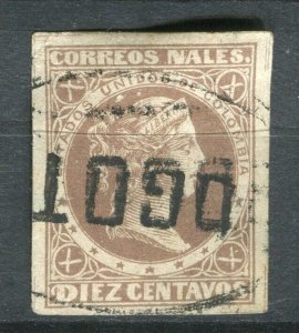 COLOMBIA; 1876 United States of Colombia Imperf issue used Shade 10c. Postmark