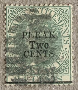 Perak 1891 2c on 24c, used. Scott 37, CV $80.00. SG 52