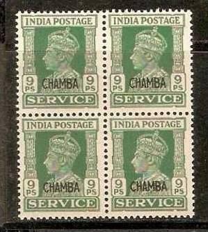 India Convention States -  CHAMBA 1941-46 9pies KG VI SERVICE SG - O75 / Sc O...