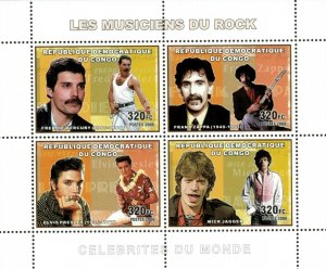 Congo 2006 - Famous Rock Musicians, Elvis, Freddie Mercury - Sheet of 4 - MNH