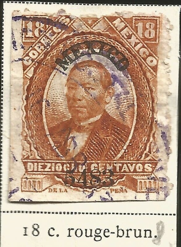 J) 1883 MEXICO, 18 CENTS, JUAREZ, SCOTT 137, MN 