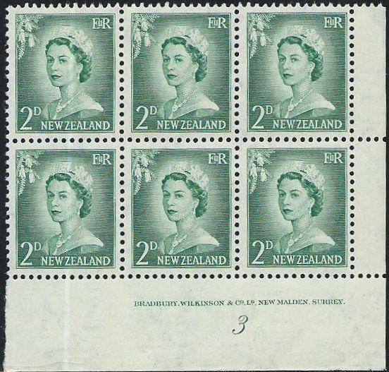 NEW ZEALAND 1955 2d large figures plate block # 3 mint....................50886