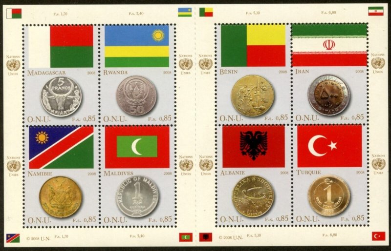 UNITED NATIONS Sc#NY 953 GE 484 VI 421 2008 Flags & Coins Sheet Cpl MNH