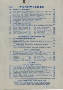 1940s - Kents Restaurants Menu - Atlantic City - Ephemera 1211