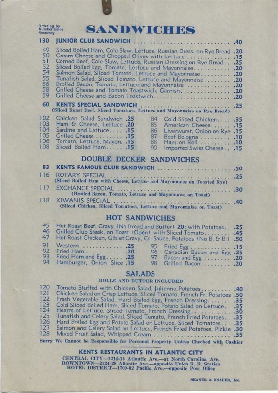 1940s - Kents Restaurants Menu - Atlantic City - Ephemera 1211