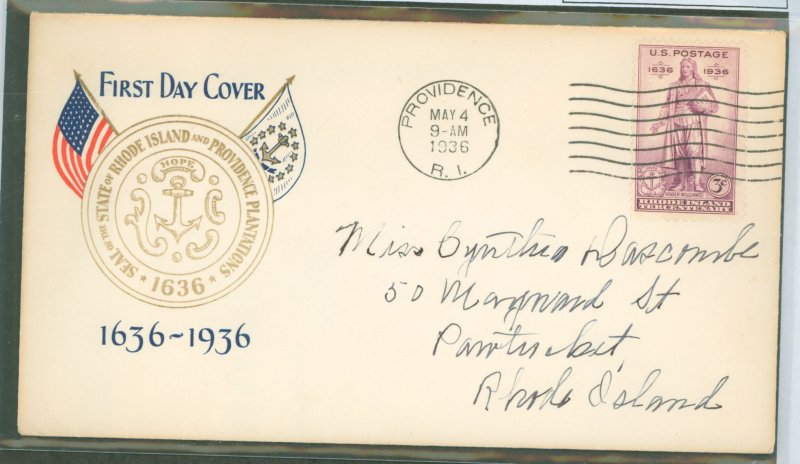 US 777 1936 3c Rhode Island Tercentenary (Roger Williams) on an addressed FDC with a Plimpton cachet