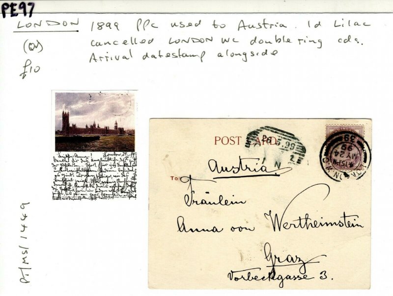 GB Card London PPC 1d Lilac Austria Graz Arrival Postmark 1896{samwells}PE97 