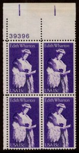 1980 Edith Wharton Plate Block Of 4 15c Postage Stamps, Sc# 1832, MNH, OG