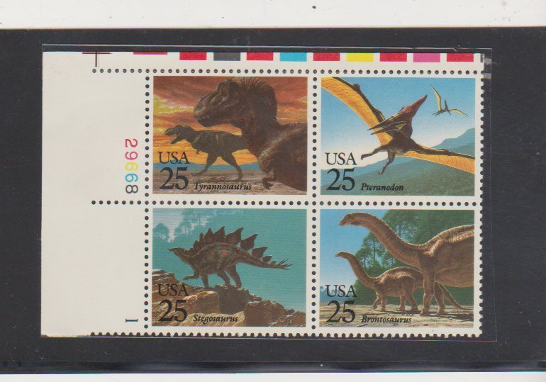 Scott # 2422-2425 Prehistoric Animals 25c - Plate Block of 4  MNH -1989 in Mount
