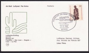 GERMANY 1982 Lufthansa first flight postcard to LIMA PERU..................A6381
