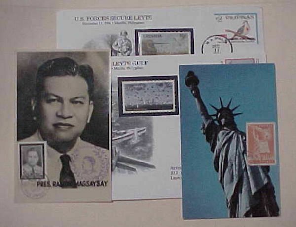 PHILIPPINES  MAXI CARDS 1957 MAGSAYSAY & 1959 STATUE OF LIBERTY & 2 COVER WORLD