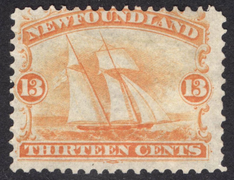 Newfoundland 1865 13c Orange Schooner Scott 30 SG 29 UN Cat $250