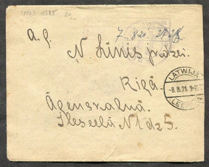 h191 - LATVIA 1921 Free-Frank Cover. Leepaja to Riga. PROVISIONAL Machine Cancel